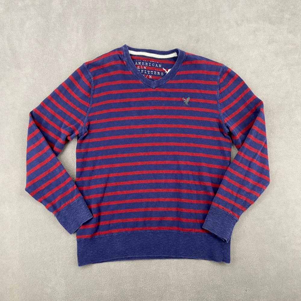 American Eagle Outfitters‎ Womens Sweater Medium Blue Red Striped Cotton V Neck